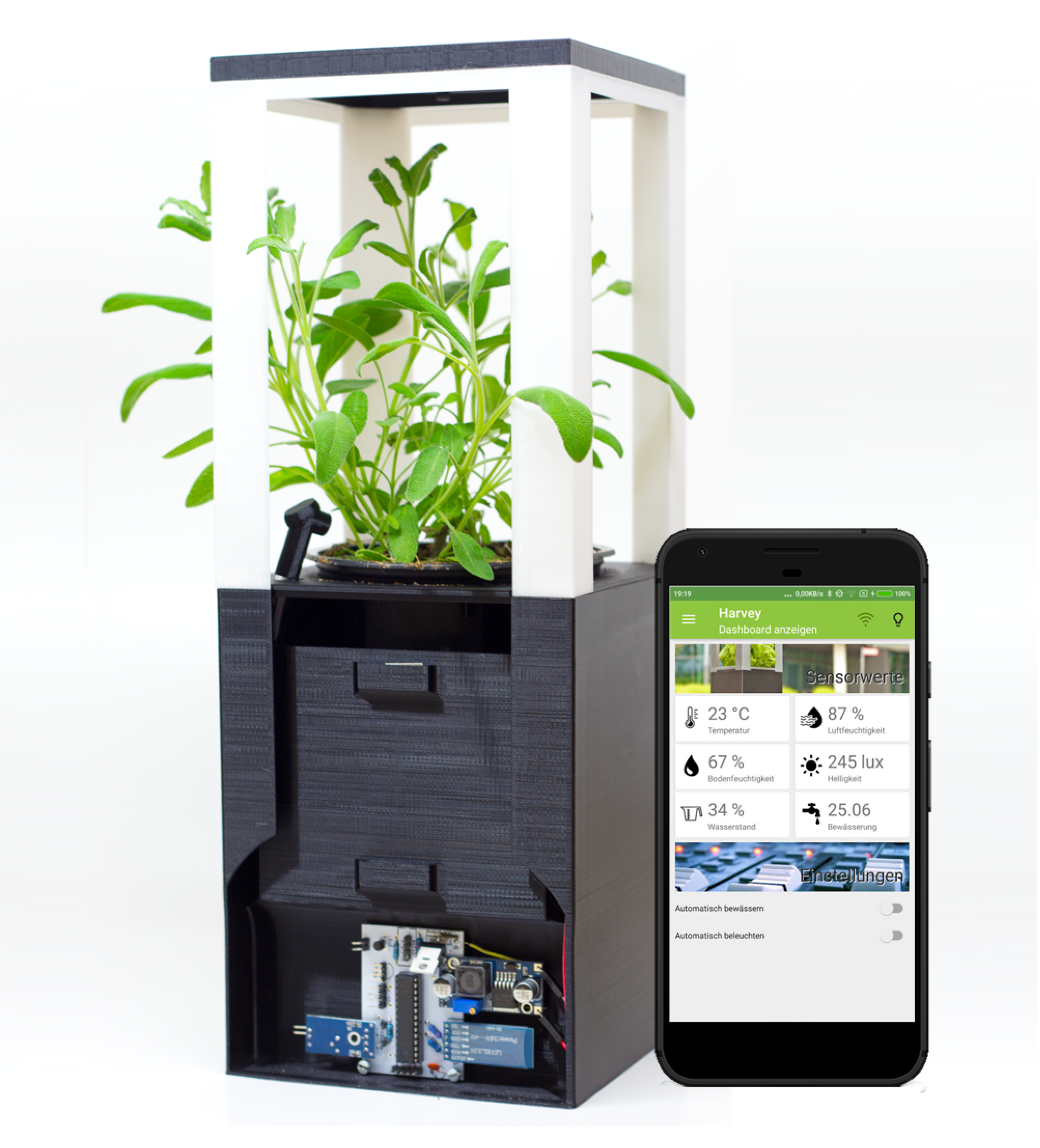 Erster Prototyp von Harvey inkl. Platine und App